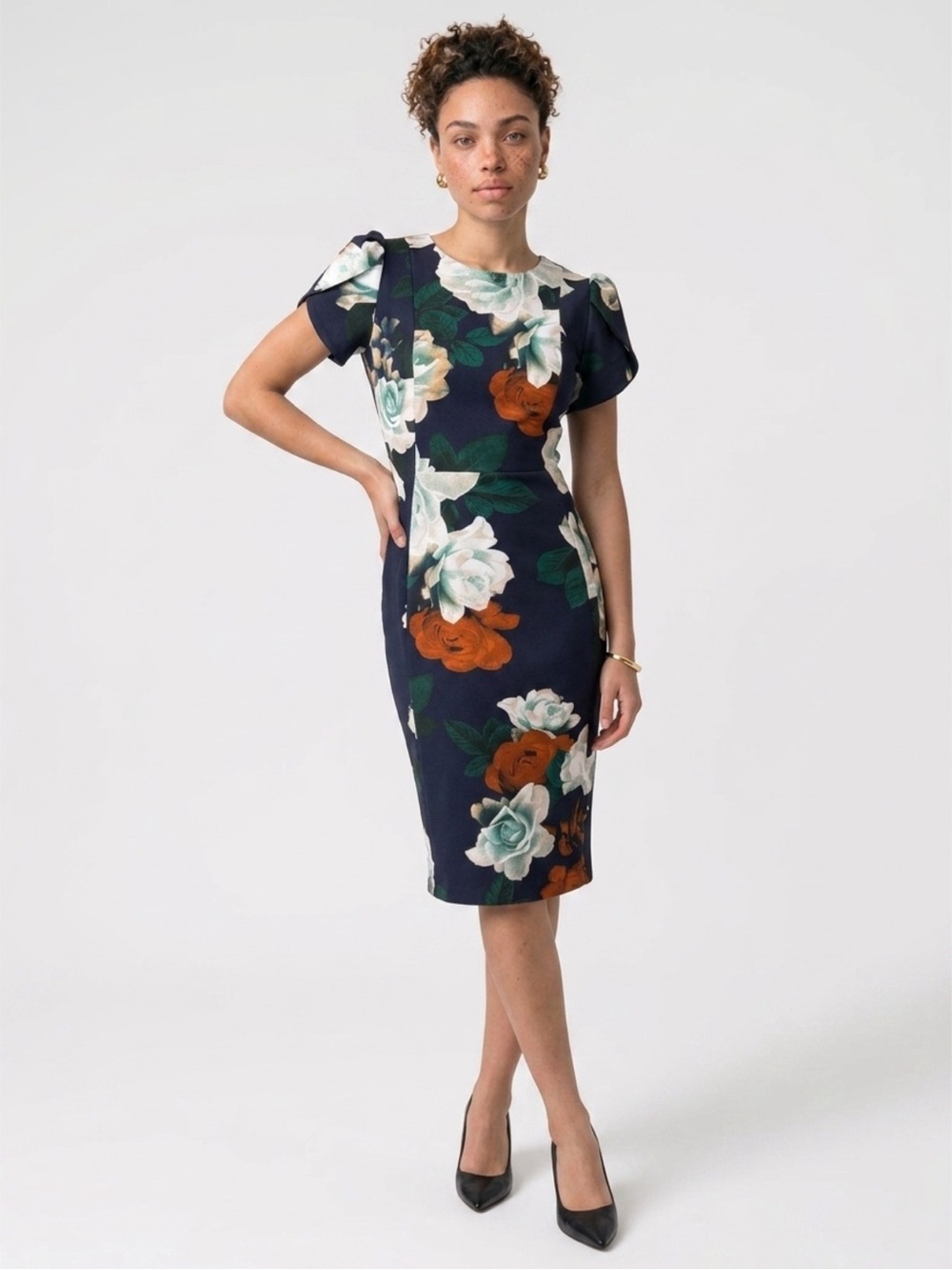 NEW Calvin Klein Floral Print Tulip Sleeve Jewel Neck Sheath Dress Sz 4